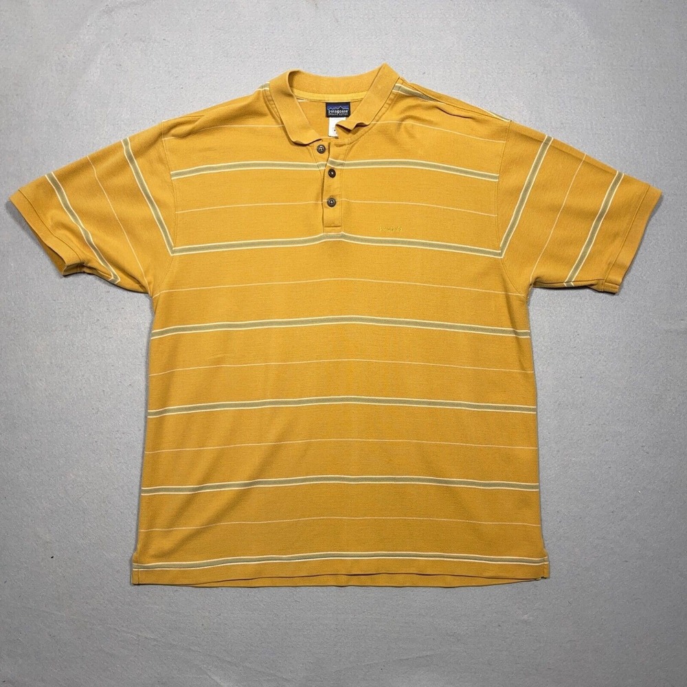 Patagonia Polo‎ Shirt Men XL Regular Fit Yellow Mustard Striped Gorpcore Outdoor